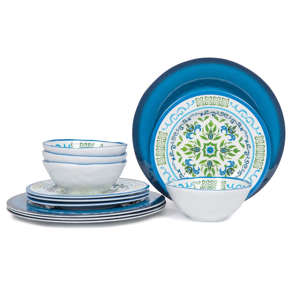 Melamine Dinnerware Set for 4, 12-Piece Blue Floral S893206