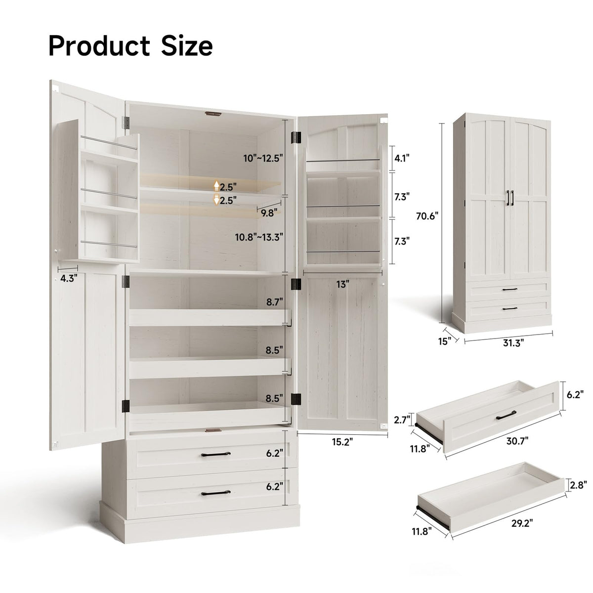 71" Off-White Kitchen Pantry Cabinet with 3 Pull-Out Shelf & 2 Drawer U7977