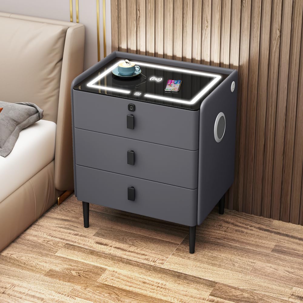 Gray 3 Tier Nightstand with Wireless Charging and Fingerprint Lock I162