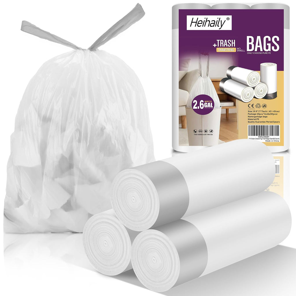 2.6 Gallon 60 Count Clear Drawstring Trash Bags X9841