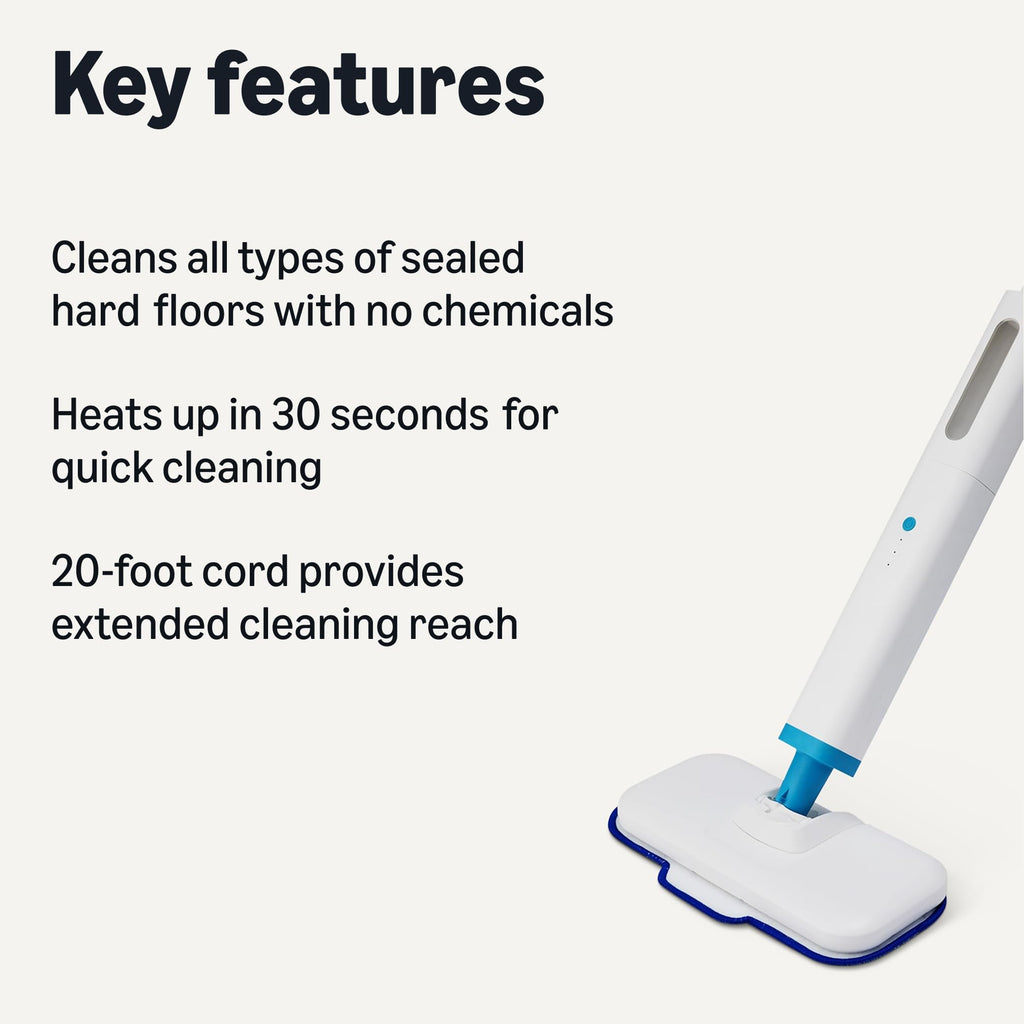 Steam Mop for Sealed Hard Floors, 3 Washable Pads, 20-Foot Cord, White W938969