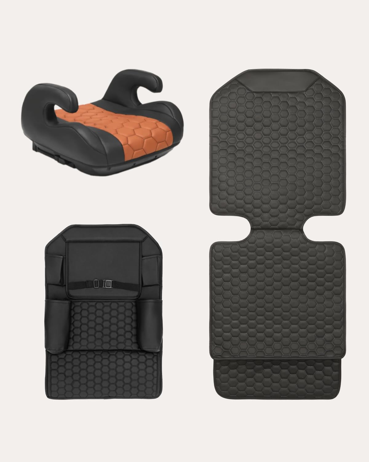 Black-Brown Backless Booster with Latch, Seat Protector & Backseat Organizer O500649