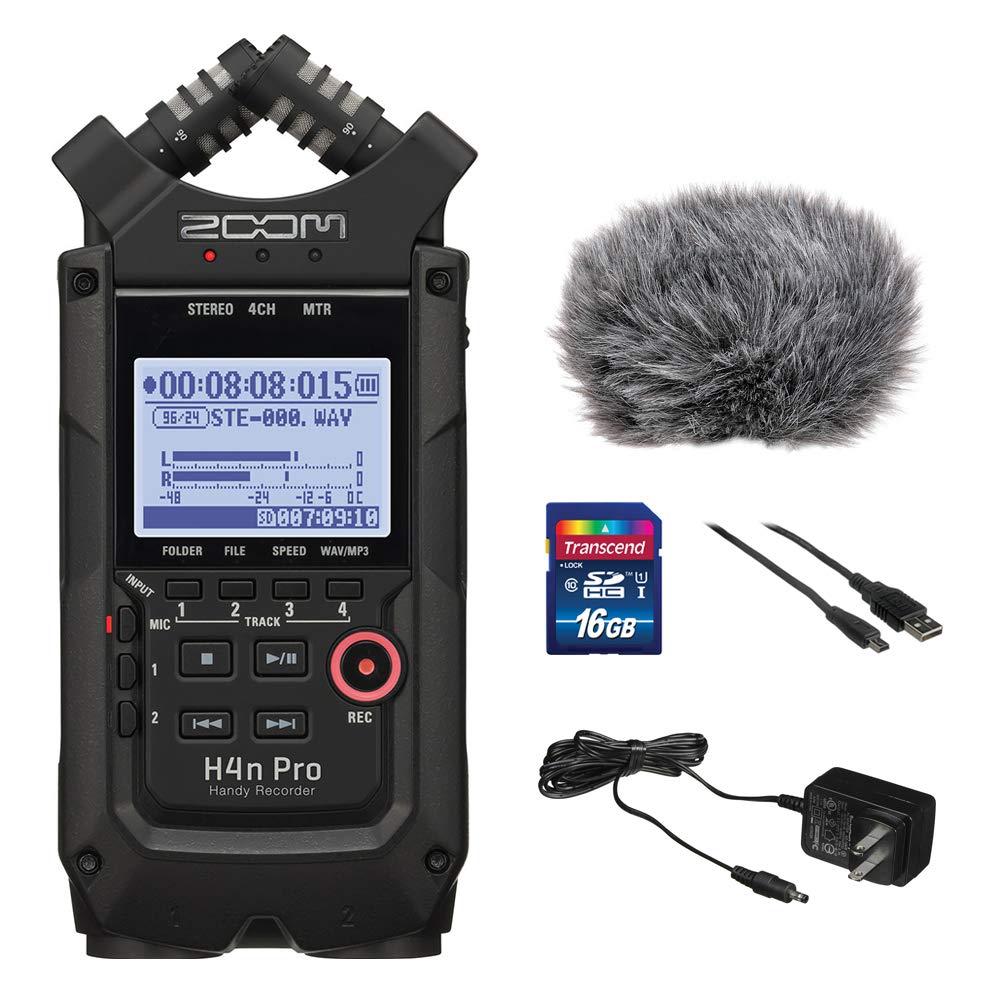 All Black 4-Track Portable Recorder with AC Adapter, Windbuster, 16GB Memory Card & USB Cable W677973