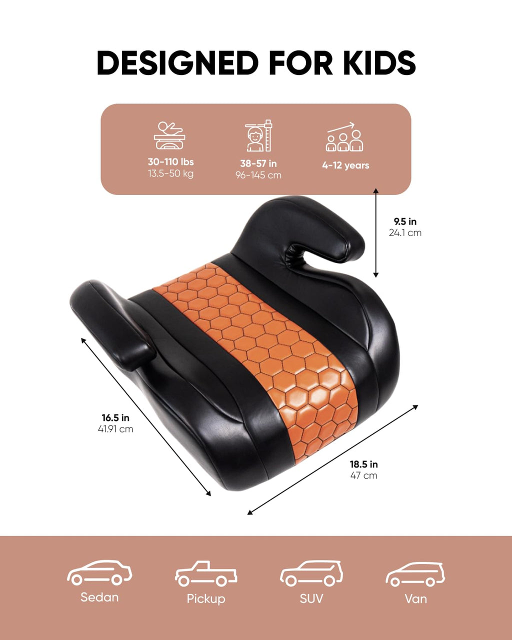 Black-Brown Backless Booster with Latch, Seat Protector & Backseat Organizer O500649