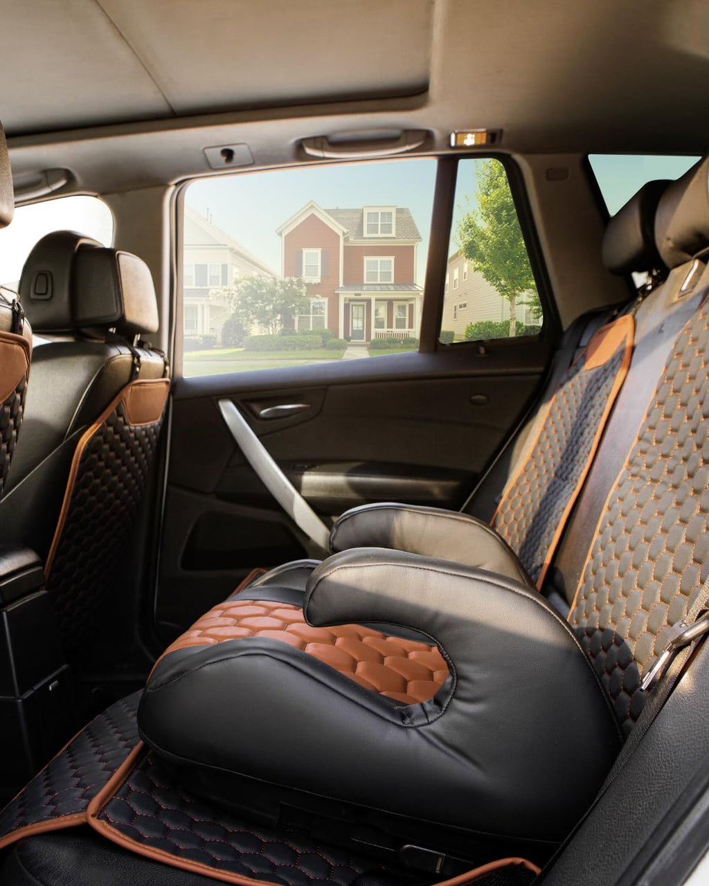 Black-Brown Backless Booster with Latch, Seat Protector & Backseat Organizer O500649