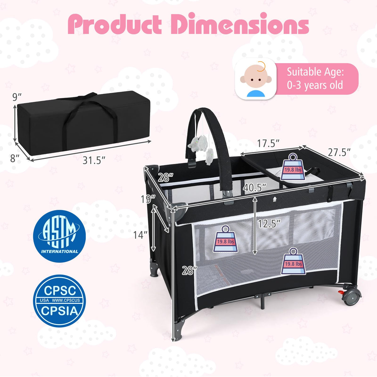 4 in 1 Folding Playpen with Bassinet and Carry Bag L3902
