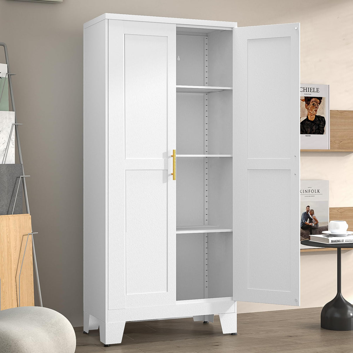 White Metal Pantry Cabinet with 2 Doors and Adjustable Shelves X9151