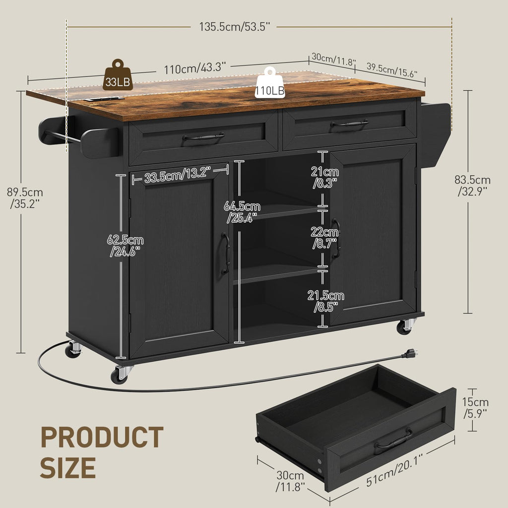 Black and Rustic Brown Kitchen Island with Power Outlets and Drop Leaf A59061