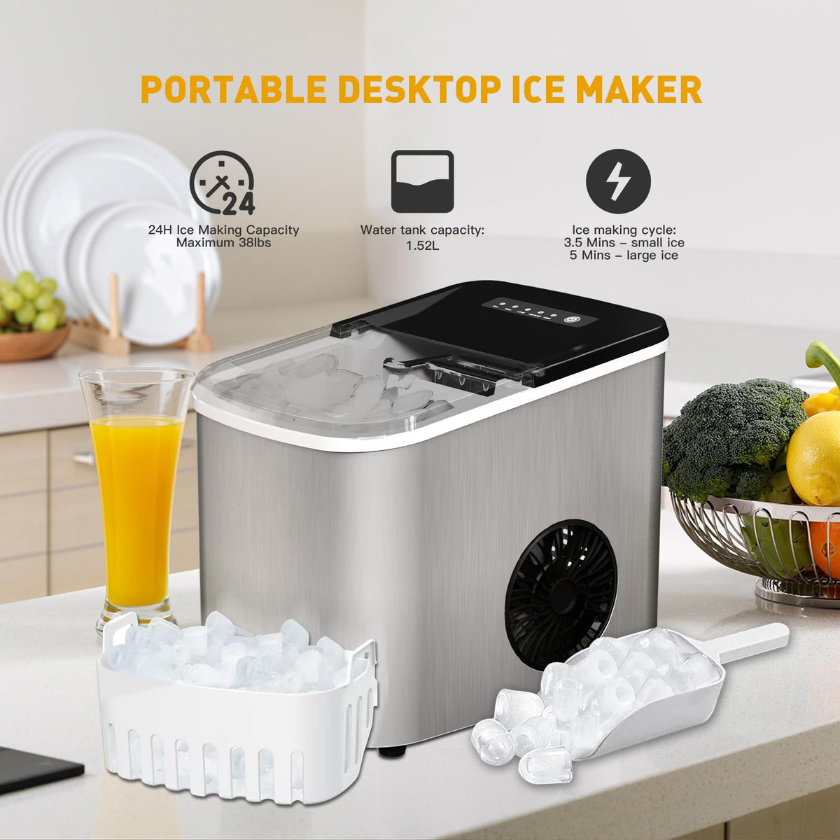 Countertop Ice Maker 38lbs Per Day 9 Ice Cubes in 3.5 Minutes Self-Cleaning Portable Ice Machine 2 Bullet Sizes E246