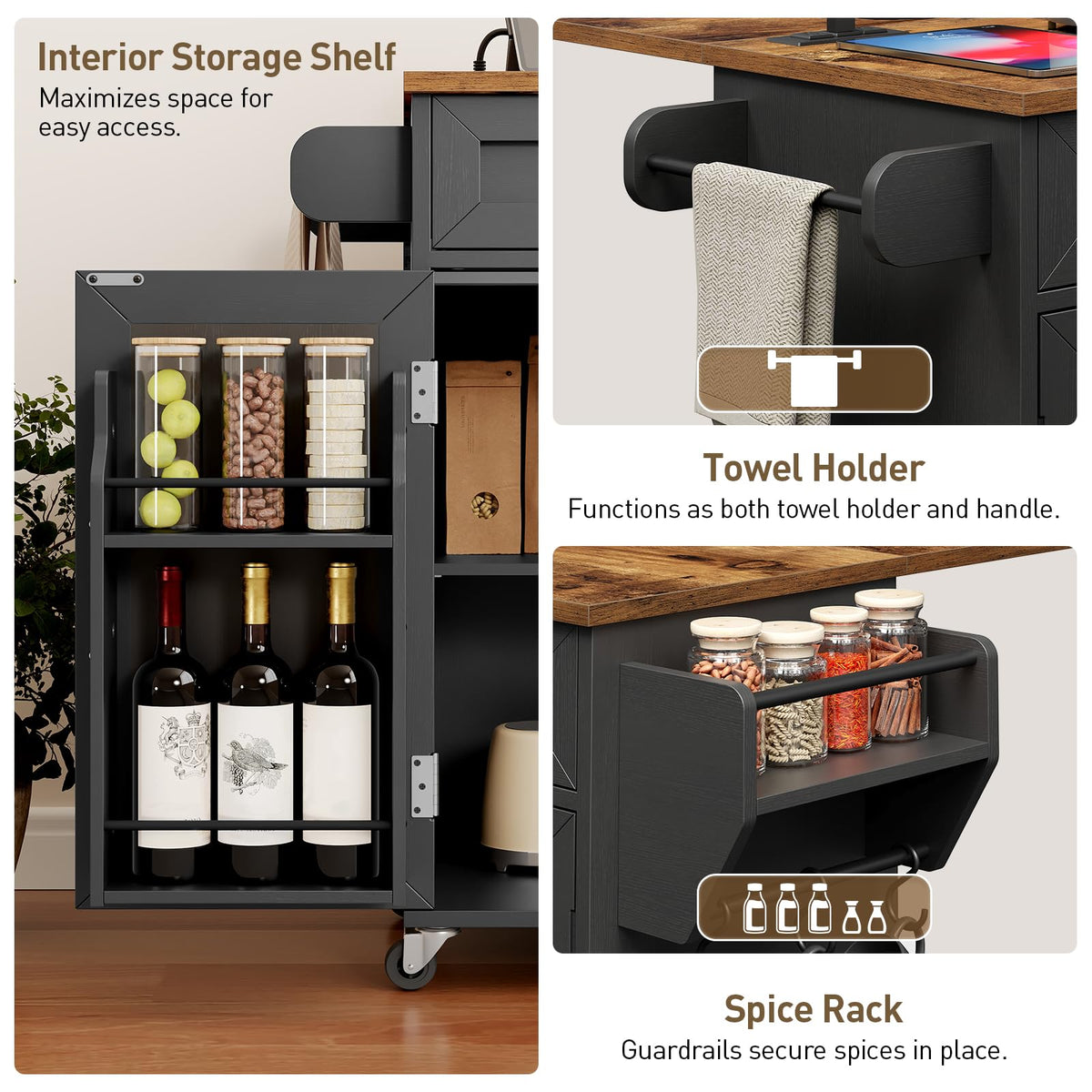 Black and Rustic Brown Kitchen Island with Power Outlets and Drop Leaf A59061