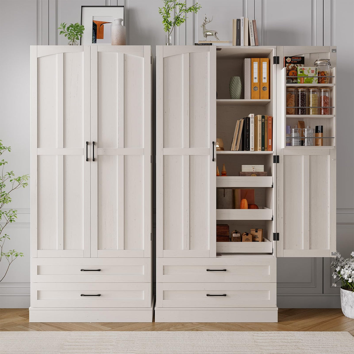 71" Off-White Kitchen Pantry Cabinet with 3 Pull-Out Shelf & 2 Drawer U7977