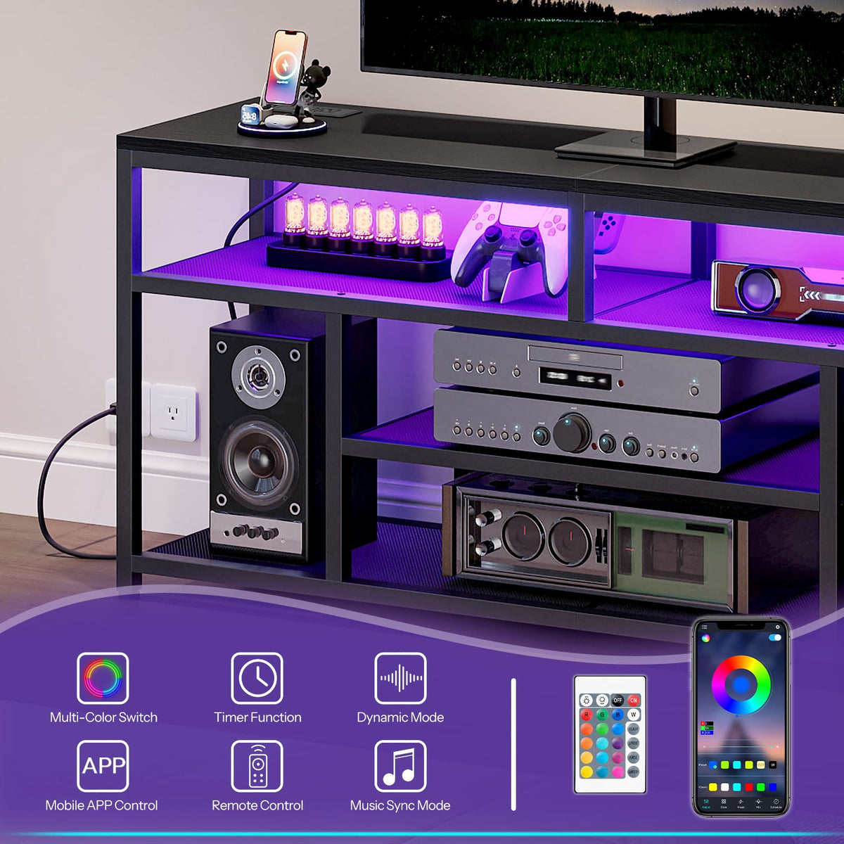 Black 4-Tier LED TV Stand with Charging Station F78905