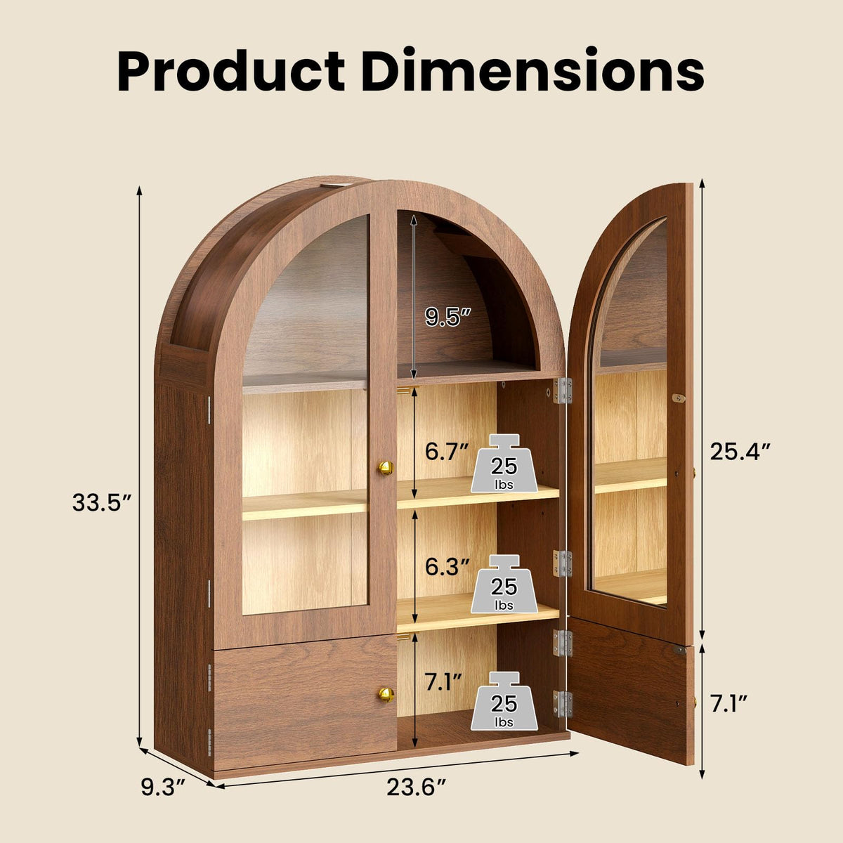 Arched Wall Cabinet with Glass Doors and Adjustable Shelves P774