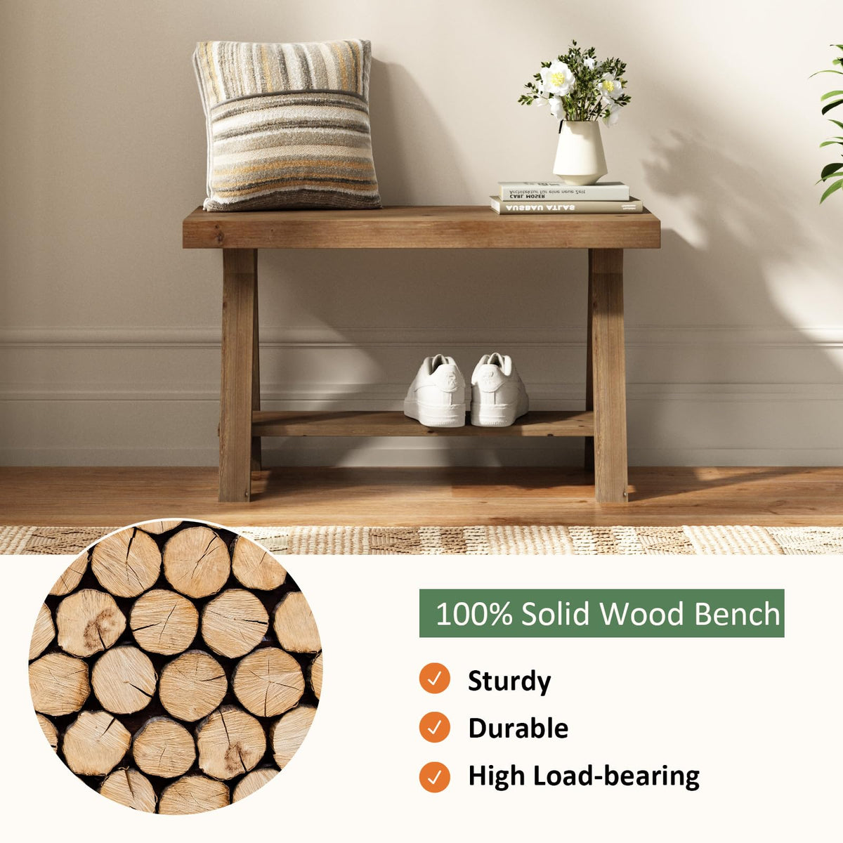 Solid Wood Bench with Shoe Storage P7739
