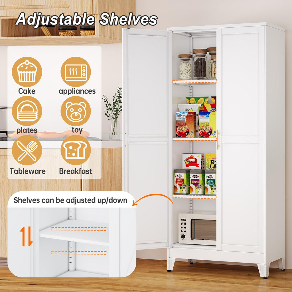 White Metal Pantry Cabinet with 2 Doors and Adjustable Shelves X9151