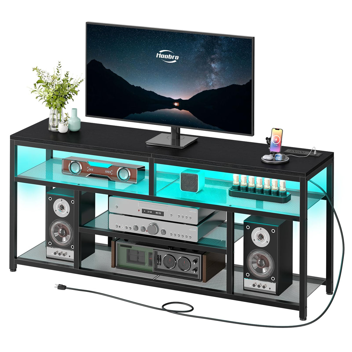 Black 4-Tier LED TV Stand with Charging Station F78905