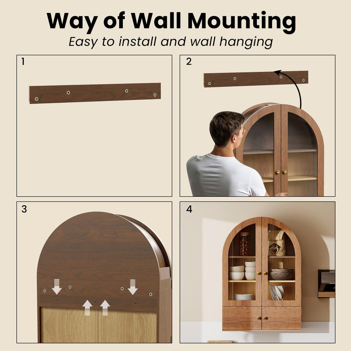 Arched Wall Cabinet with Glass Doors and Adjustable Shelves P774