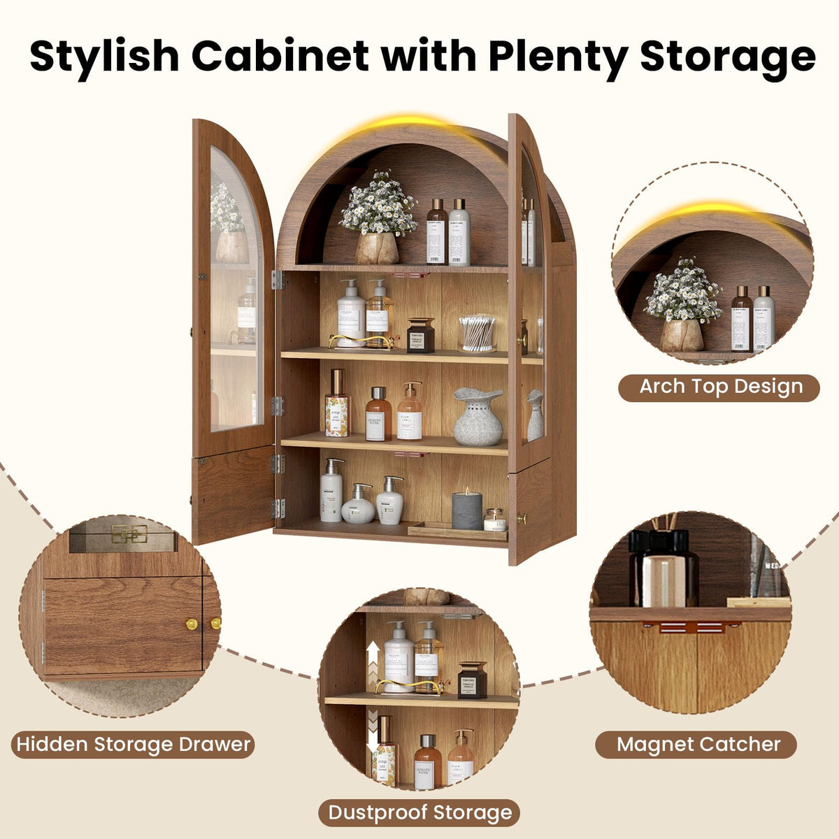 Arched Wall Cabinet with Glass Doors and Adjustable Shelves P774