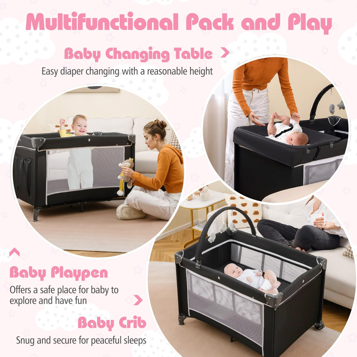 4 in 1 Folding Playpen with Bassinet and Carry Bag L3902