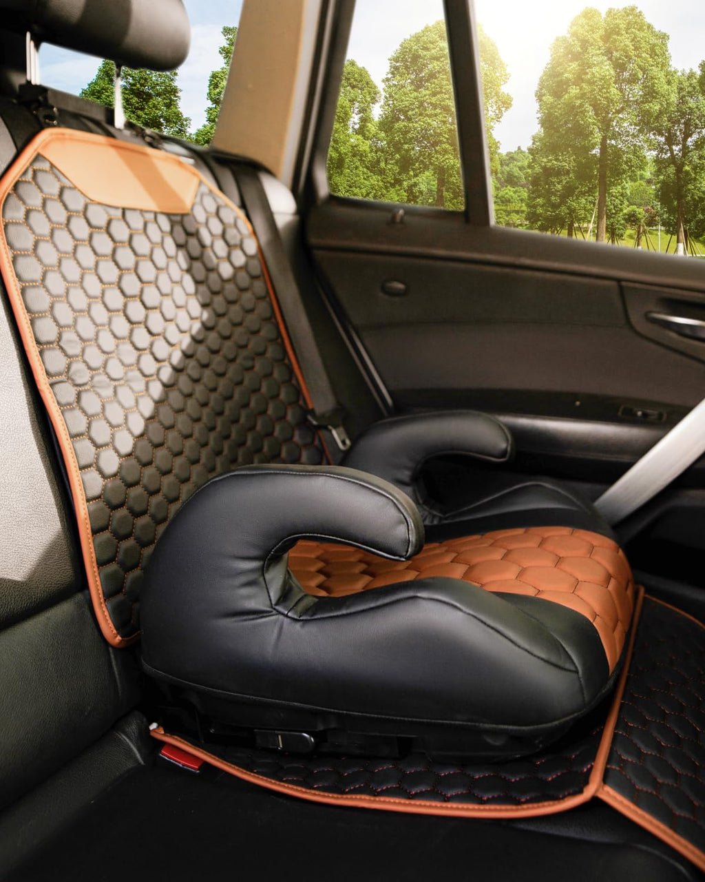 Black-Brown Backless Booster with Latch, Seat Protector & Backseat Organizer O500649