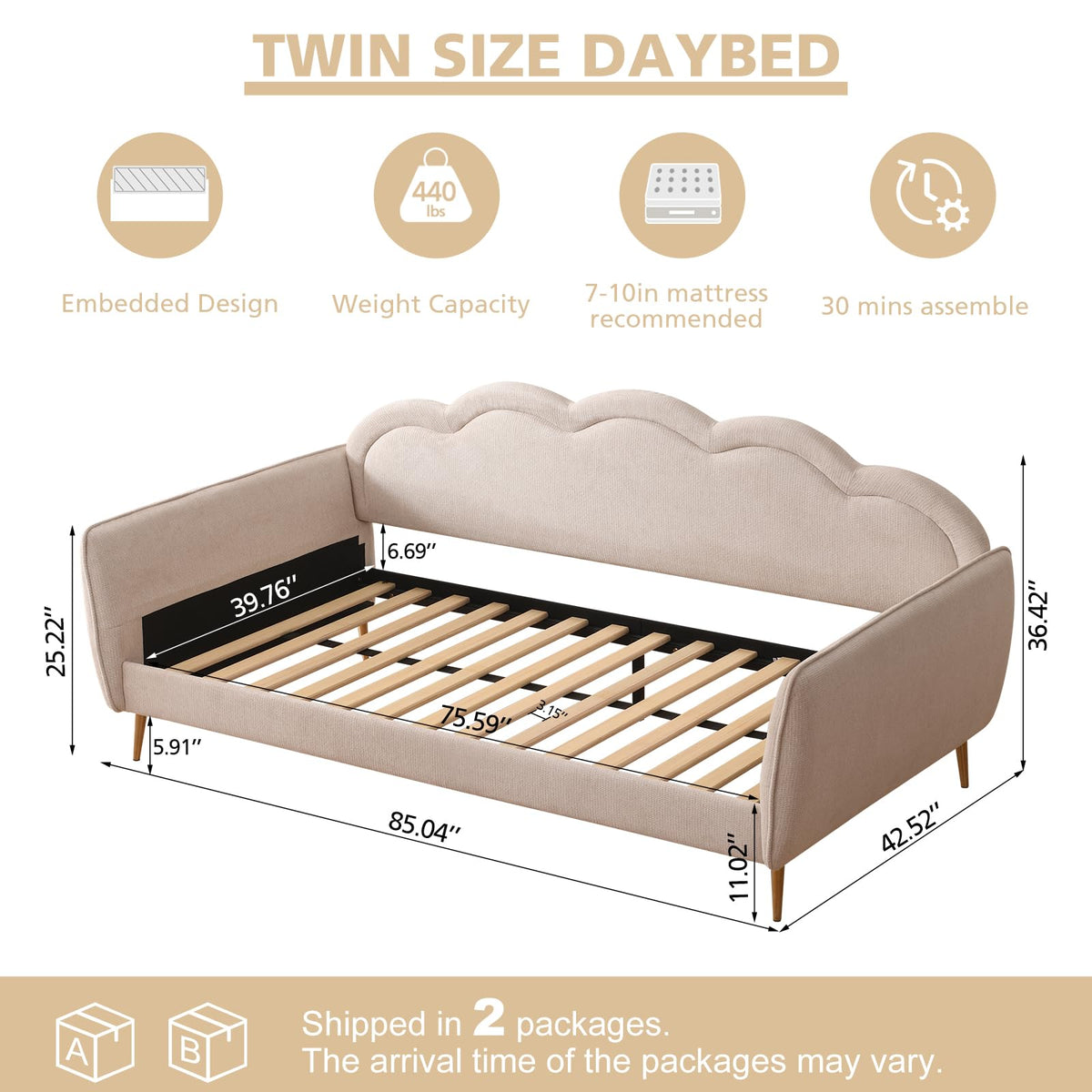 Twin Size Upholstered Linen Daybed with Metal Legs M38756