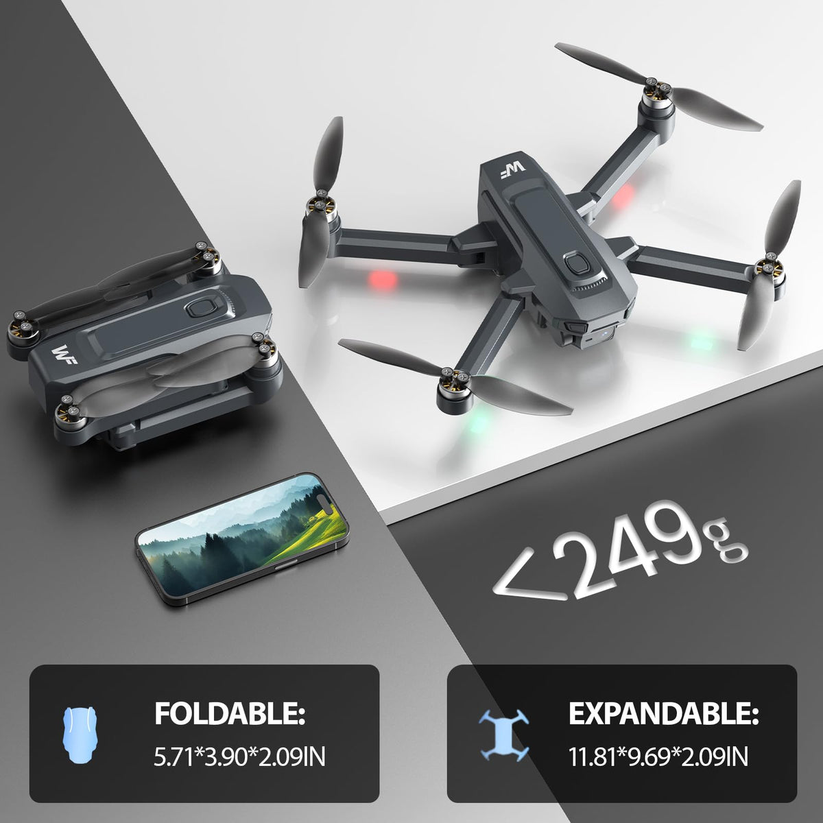 4K Foldable GPS Drone with 4.5" Screen Under 249g Black P719002