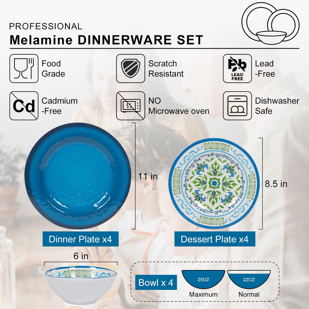 Melamine Dinnerware Set for 4, 12-Piece Blue Floral S893206