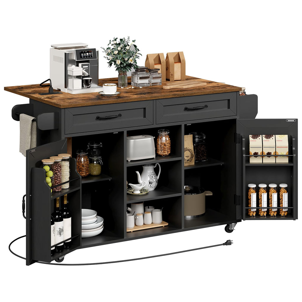 Black and Rustic Brown Kitchen Island with Power Outlets and Drop Leaf A59061
