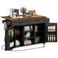 Black and Rustic Brown Kitchen Island with Power Outlets and Drop Leaf A59061
