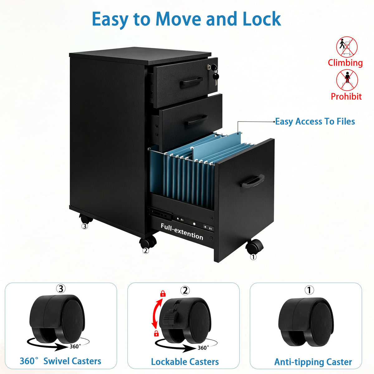 3 Drawer Black Wood File Cabinet with Lock R2213
