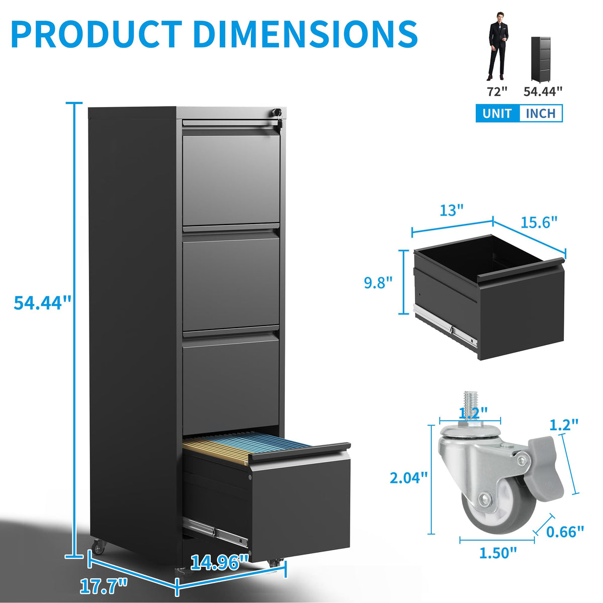 4-Drawer Mobile File Cabinet with Lock and Wheels G4214