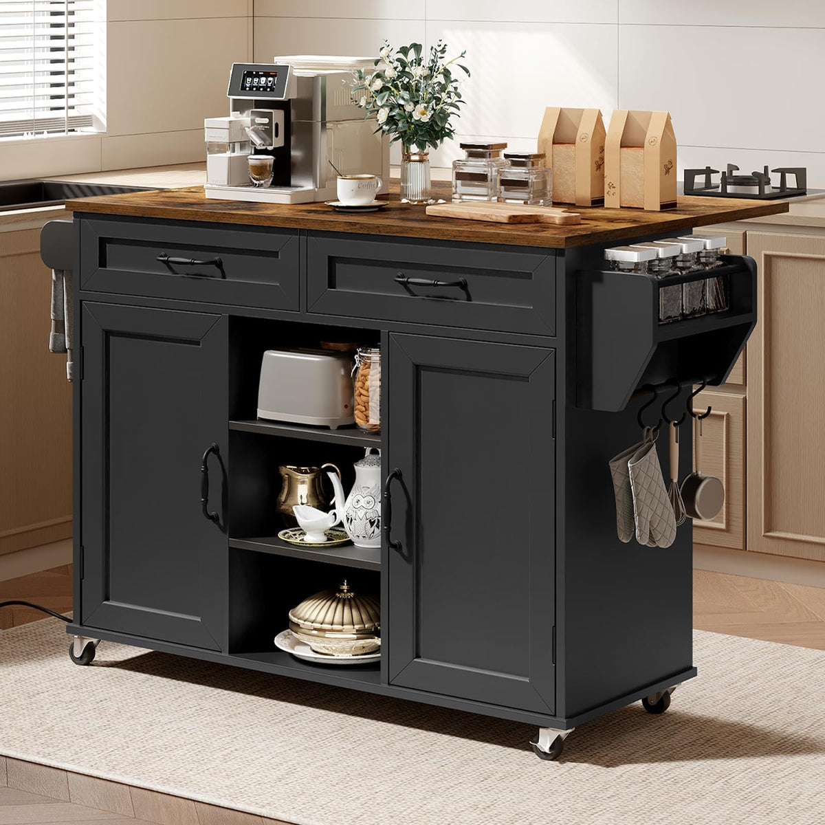 Black and Rustic Brown Kitchen Island with Power Outlets and Drop Leaf A59061