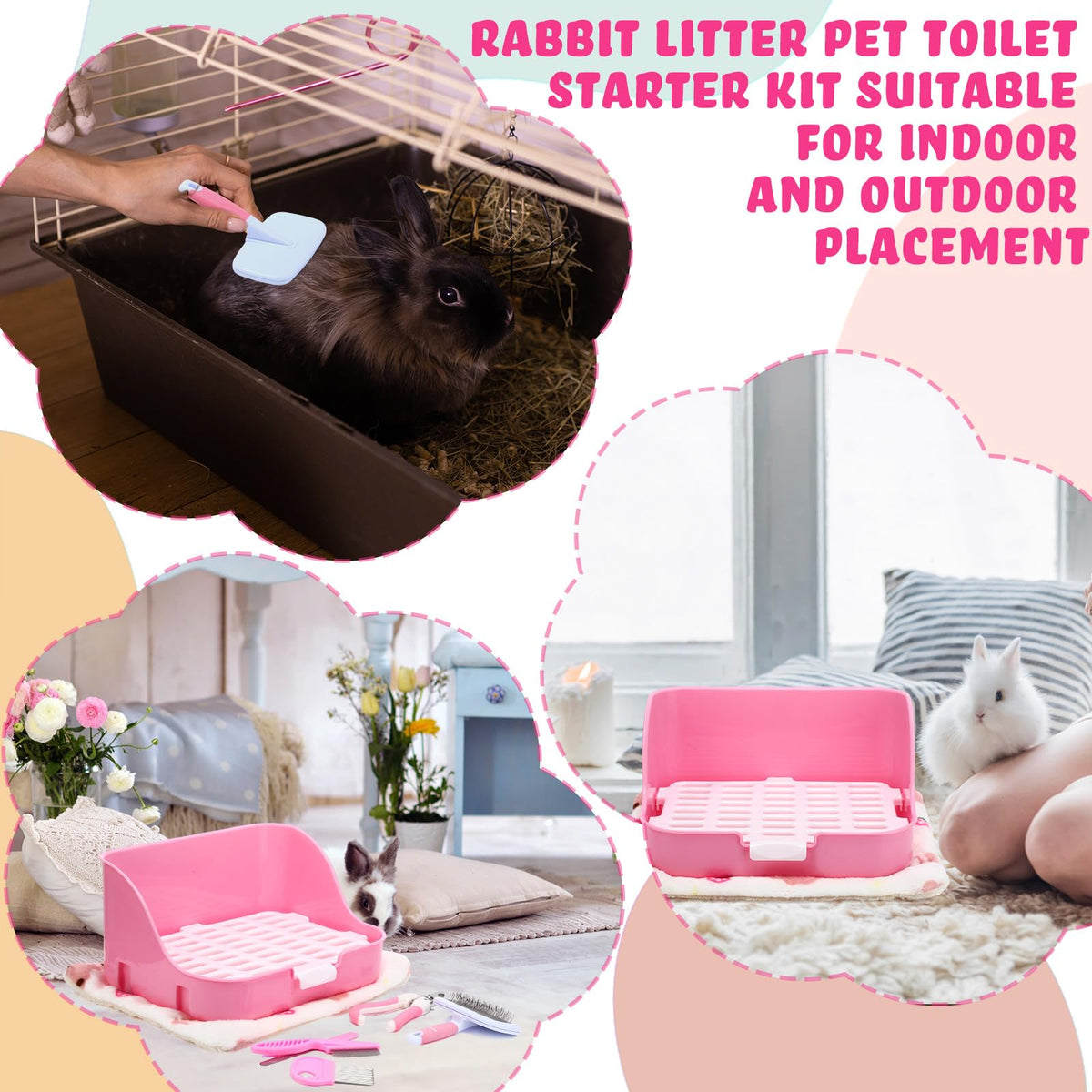 15 Pcs Rabbit Starter Kit Litter Box Grooming Kit Toys Bowl Blankets Cleaning Set Pink U544967