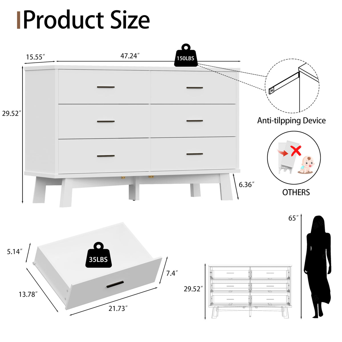 White 6 Drawer Wood Dresser A62240