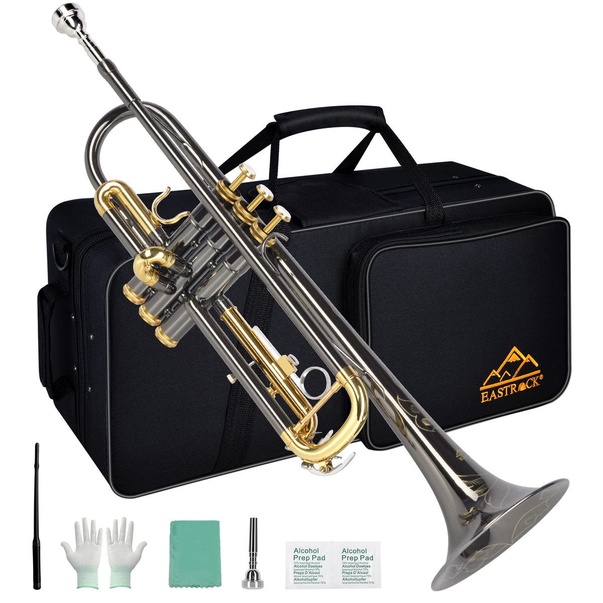 Bb Trumpet Set with Carrying Case, Gloves, 7C Mouthpiece, Tuning Rod, Black Nickel X21929