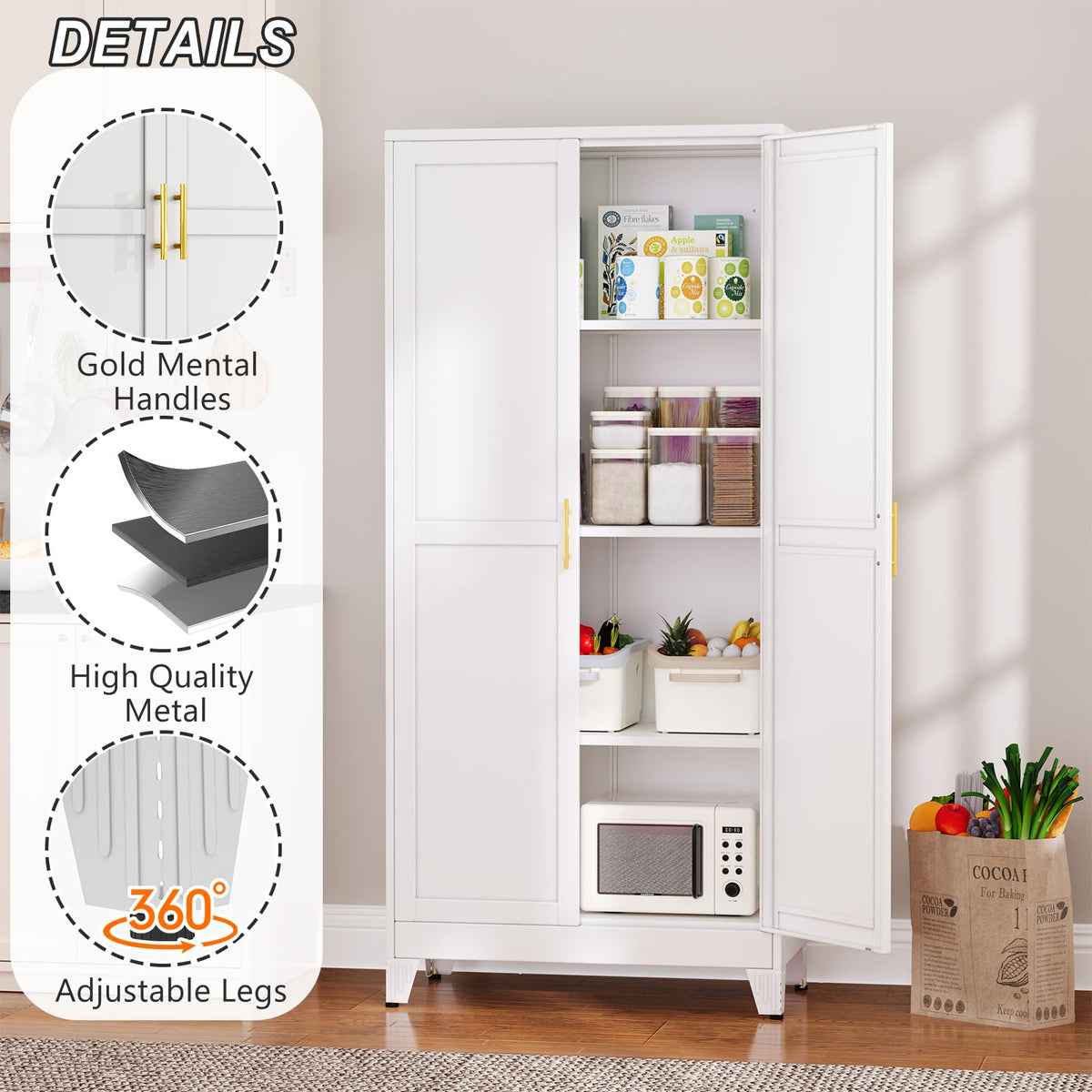White Metal Pantry Cabinet with 2 Doors and Adjustable Shelves X9151