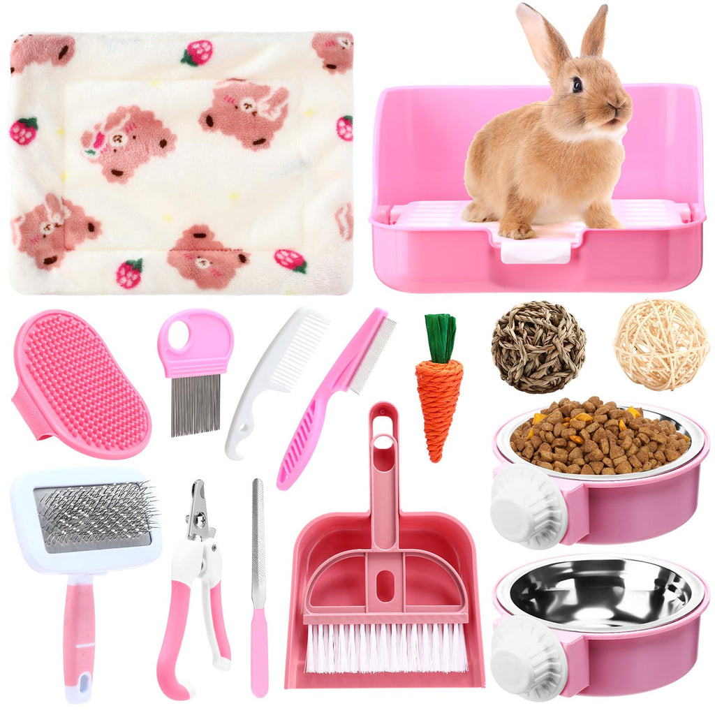 15 Pcs Rabbit Starter Kit Litter Box Grooming Kit Toys Bowl Blankets Cleaning Set Pink U544967