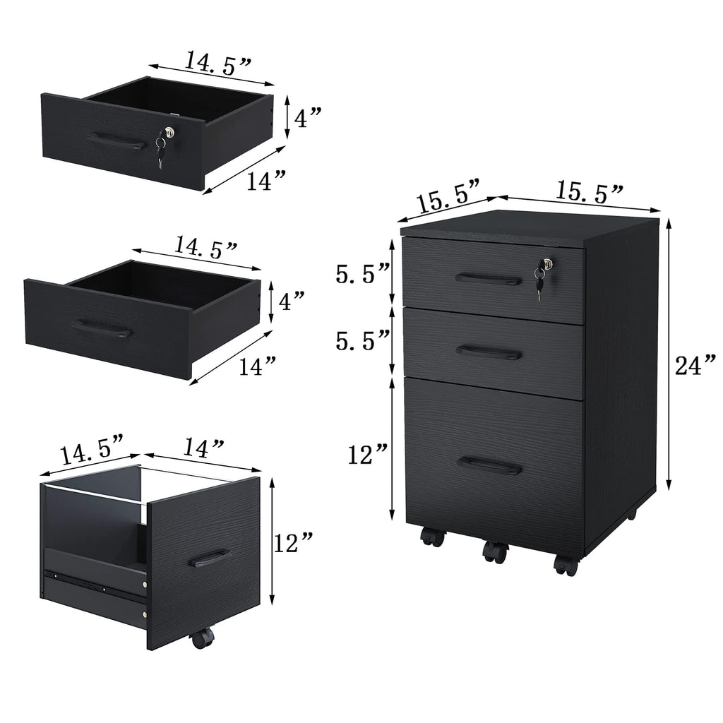 3 Drawer Black Wood File Cabinet with Lock R2213