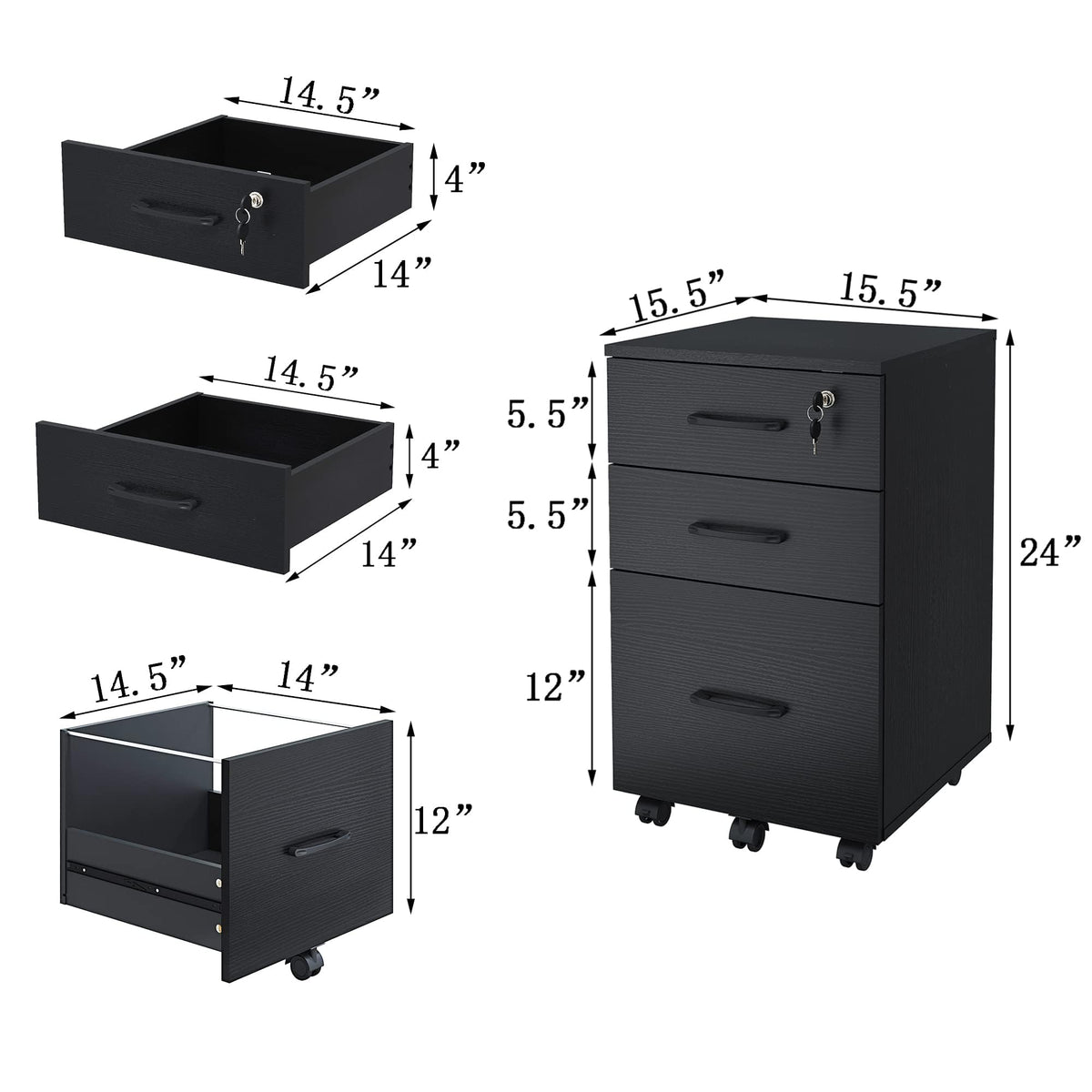 3 Drawer Black Wood File Cabinet with Lock R2213