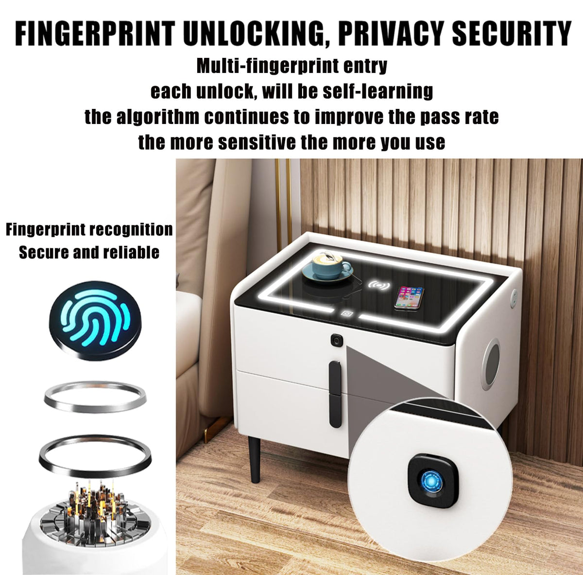 Gray 3 Tier Nightstand with Wireless Charging and Fingerprint Lock I162