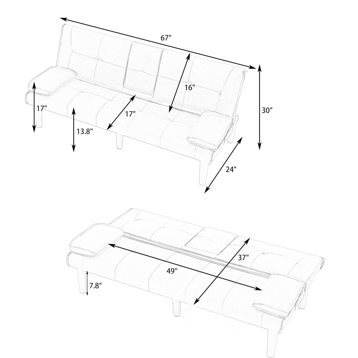 Pink 3 in 1 Convertible Sleeper Sofa Bed with Cup Holder J178