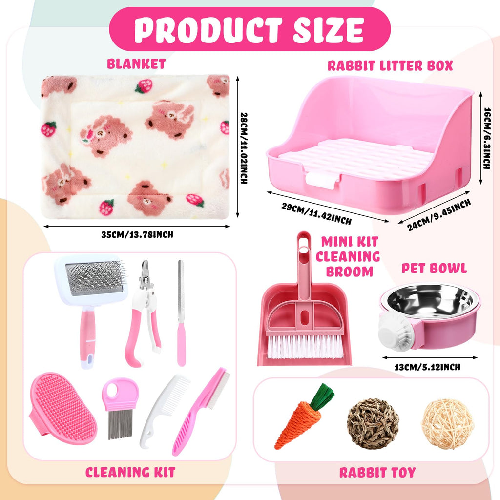 15 Pcs Rabbit Starter Kit Litter Box Grooming Kit Toys Bowl Blankets Cleaning Set Pink U544967