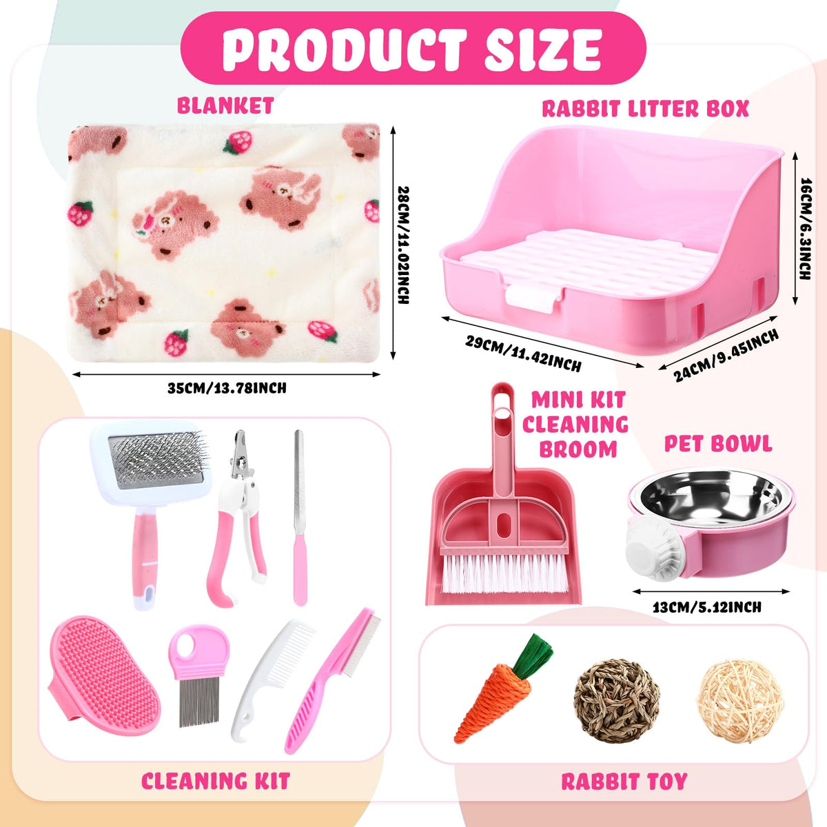 15 Pcs Rabbit Starter Kit Litter Box Grooming Kit Toys Bowl Blankets Cleaning Set Pink U544967