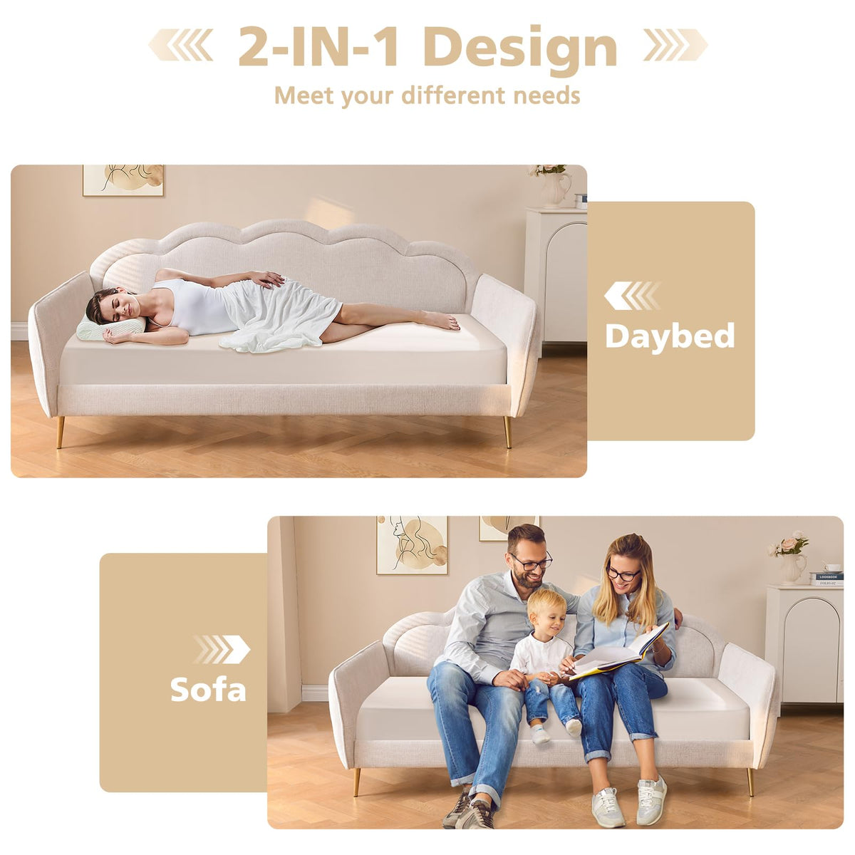 Twin Size Upholstered Linen Daybed with Metal Legs M38756