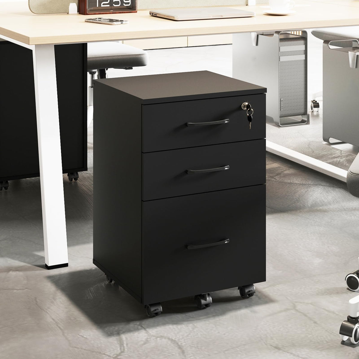 3 Drawer Black Wood File Cabinet with Lock R2213