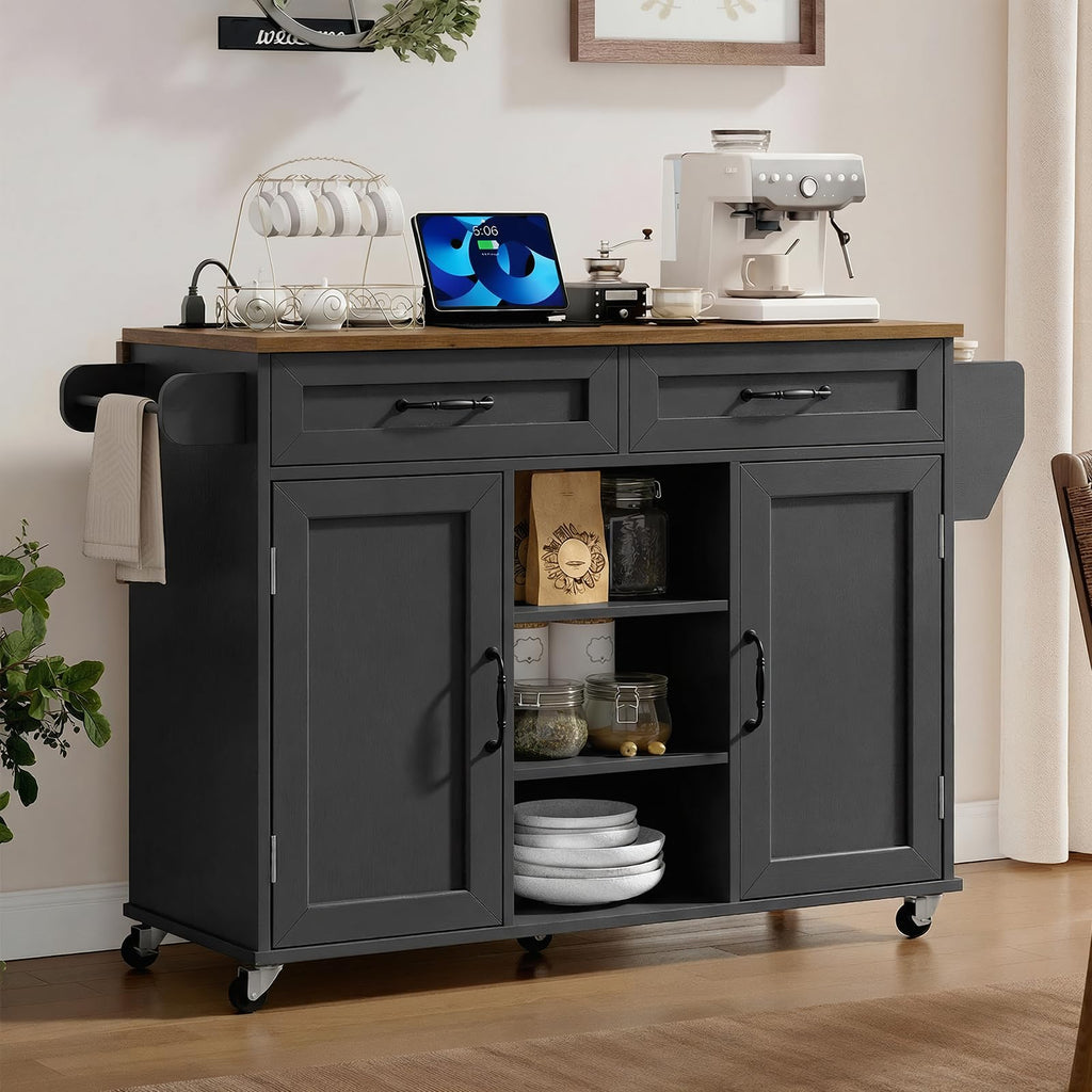Black and Rustic Brown Kitchen Island with Power Outlets and Drop Leaf A59061