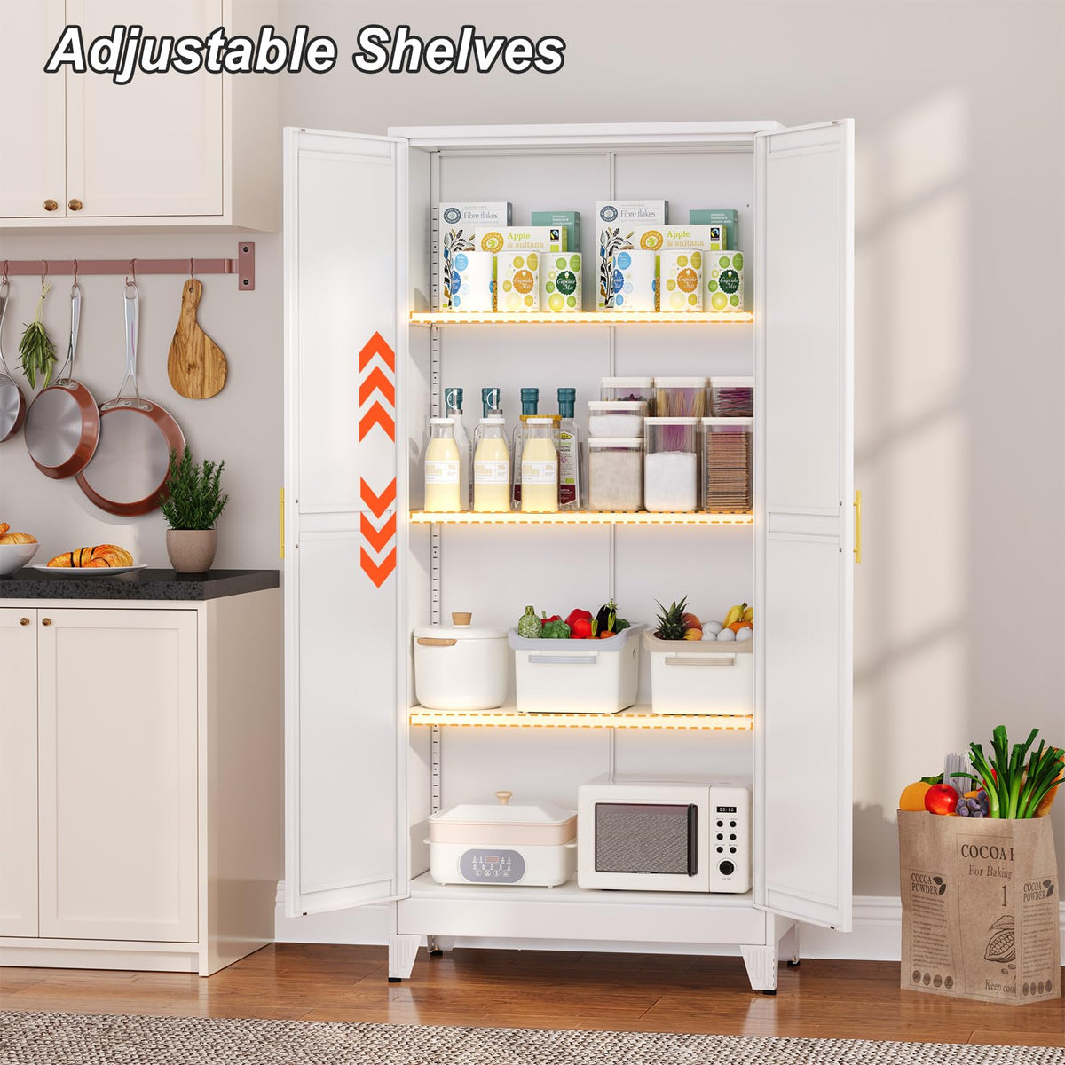 White Metal Pantry Cabinet with 2 Doors and Adjustable Shelves X9151