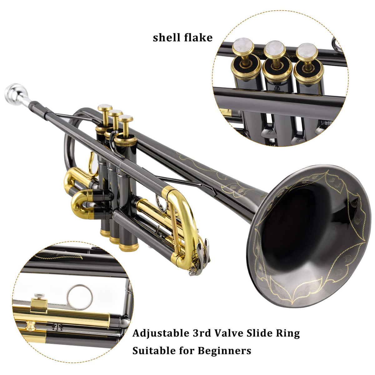Bb Trumpet Set with Carrying Case, Gloves, 7C Mouthpiece, Tuning Rod, Black Nickel X21929
