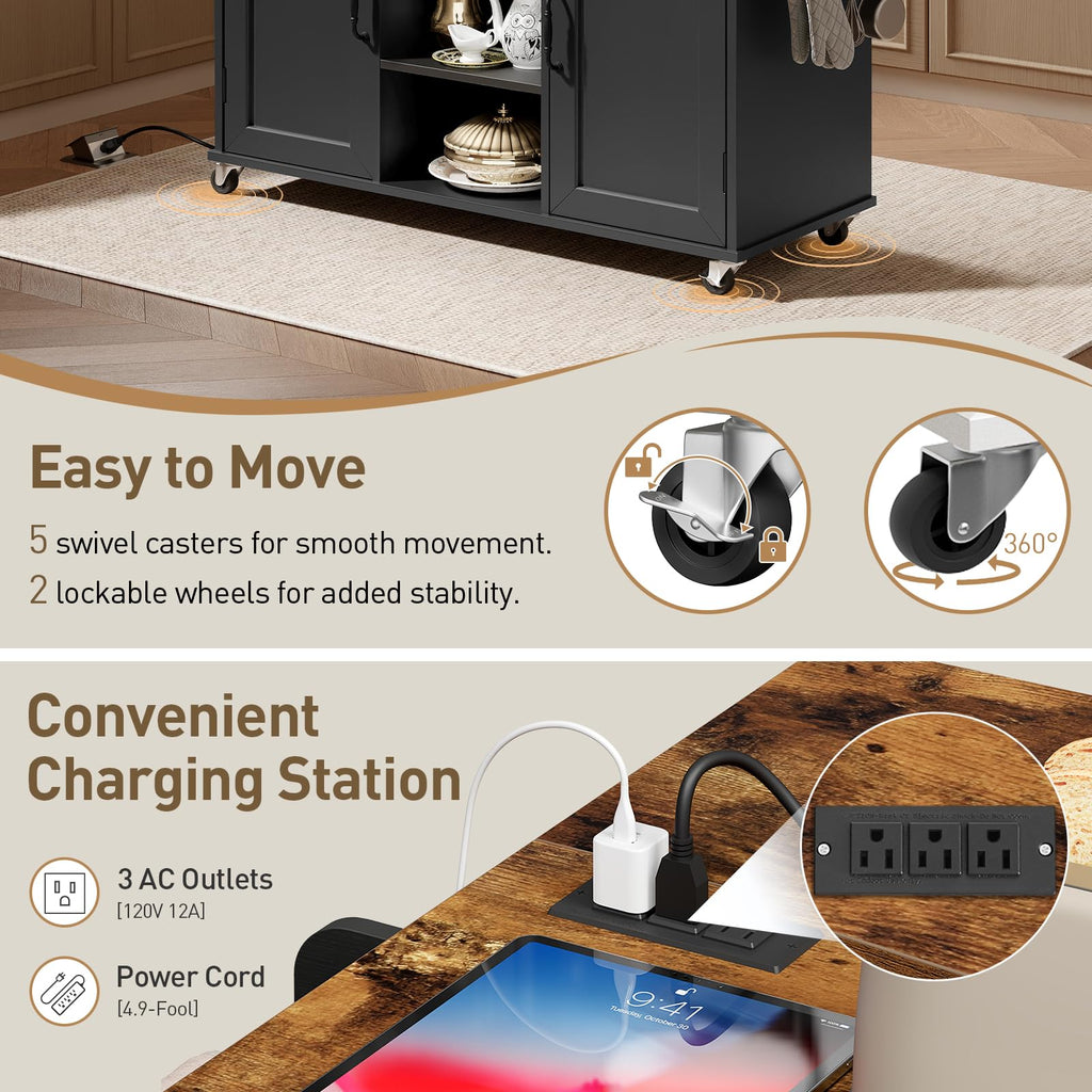 Black and Rustic Brown Kitchen Island with Power Outlets and Drop Leaf A59061
