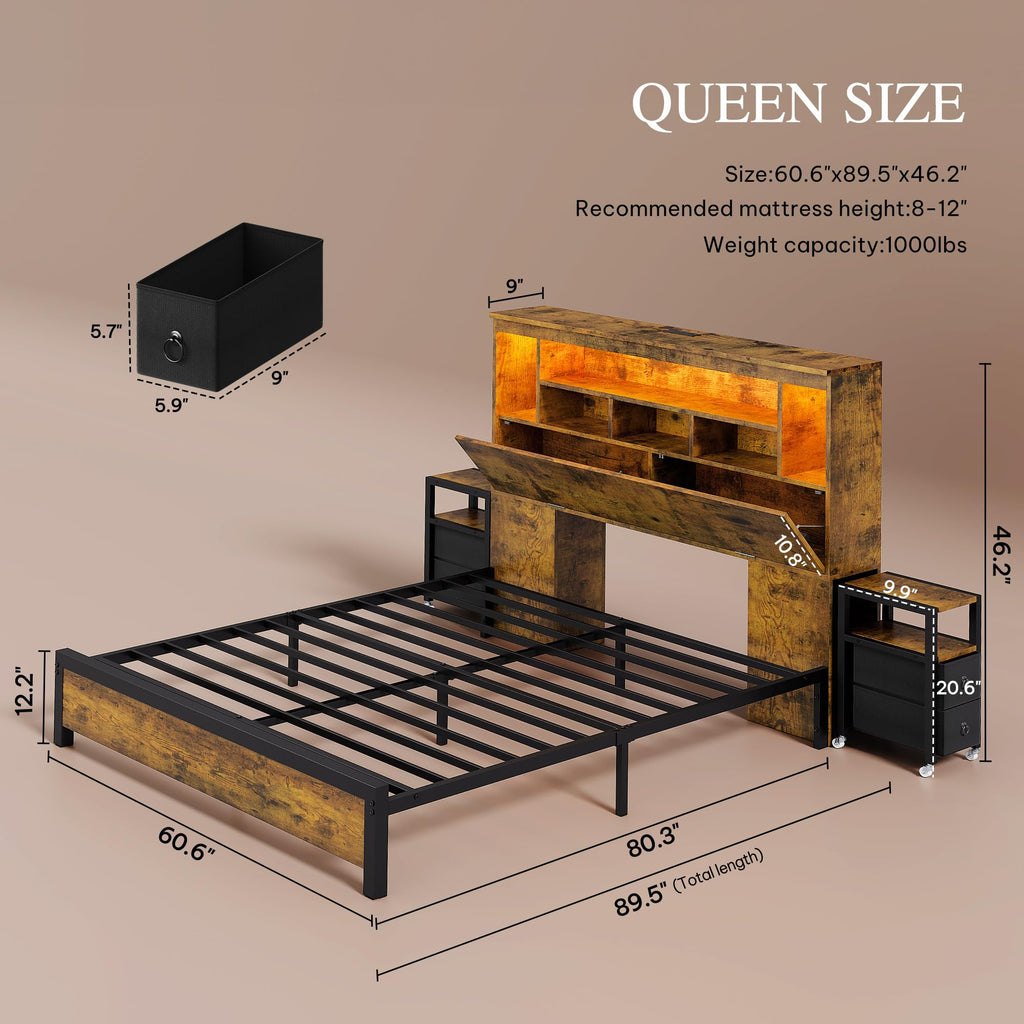 Queen Size Bed Frame with Storage Bookcase Headboard V901